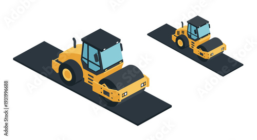 Isometric road roller vehicles on asphalt in modern construction scene