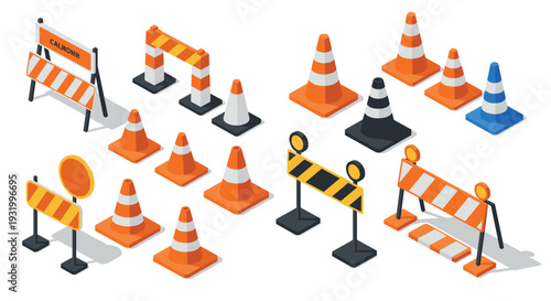 Isometric traffic cones and barriers collection for road safety and construction
