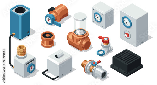 Assorted isometric industrial equipment with gauges and valves