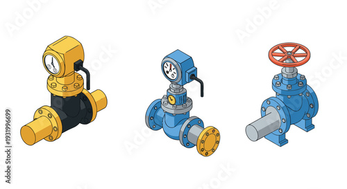 Industrial pipeline components in isometric style with pressure gauges and valves