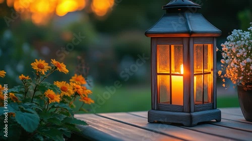 A single lantern sits atop a wooden table, accompanied by a small potted plant