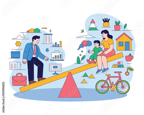 A cartoon illustration of a businessman balancing work and family life on a seesaw with his wife and child surrounded by various objects.
