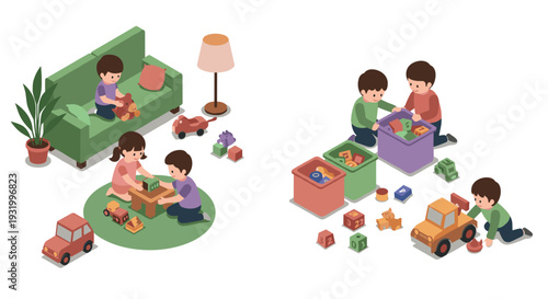 Children playing with toys in cozy living room isometric style