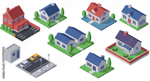Isometric set of colorful suburban houses with streets and vehicles