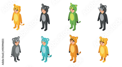Isometric kids in adorable animal costumes: cute bear, tiger, and dinosaur outfits