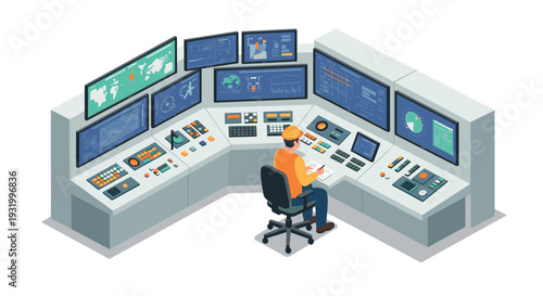 Control room with engineer monitoring multiple screens in isometric style