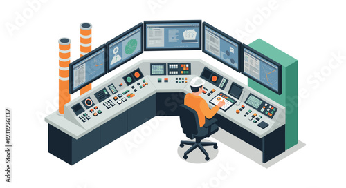 Control room technician monitoring multiple screens in a modern isometric operations center