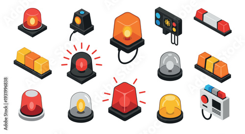 Isometric alarm sirens: emergency warning icons in red, orange, yellow, and gray tones