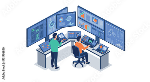 Control room with multiple screens and analysts monitoring data visualization