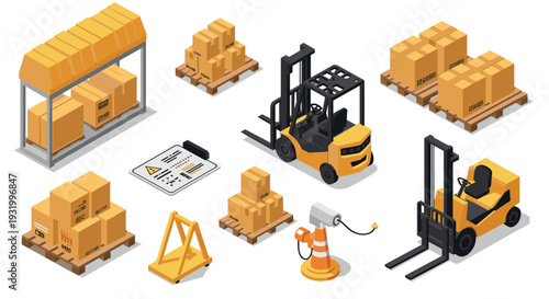 Isometric warehouse equipment and logistics set with forklifts and boxes
