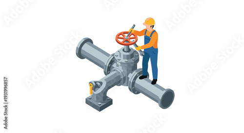 Isometric industrial worker adjusting valve on large metal pipe system
