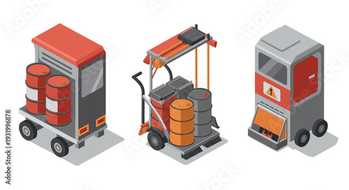 Industrial equipment set with isometric containers and machines