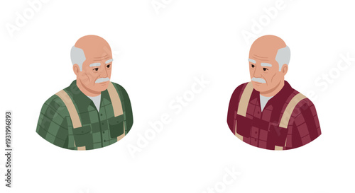 Elderly man in plaid shirt with suspenders - isometric portrait on white background