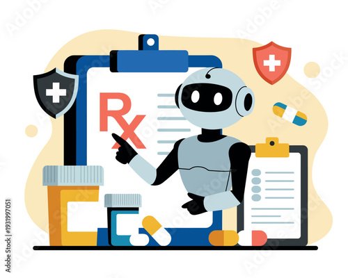 A robot pointing to a prescription symbol on a clipboard with medical icons around it.