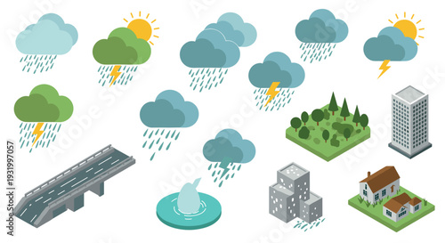 Isometric weather and infrastructure icons set