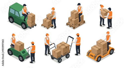 Isometric warehouse workers handling boxes and parcels in various equipment scenarios