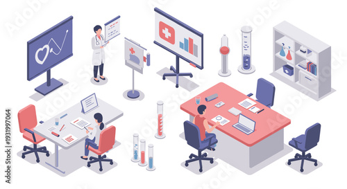 Modern isometric office with health technology and research equipment