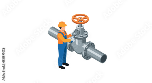 Isometric worker adjusting industrial pipeline valve