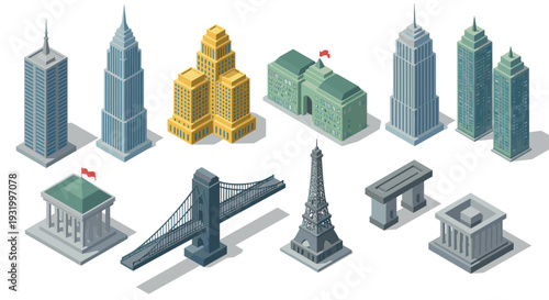 Isometric icon collection of famous world landmarks and buildings