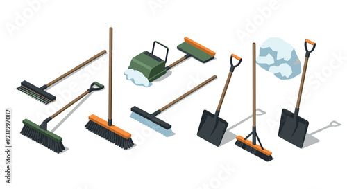 Isometric winter tools set: brooms, shovels, and snow removal essentials