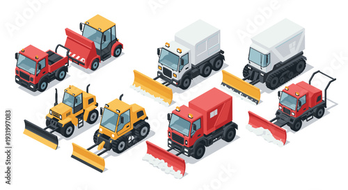 Winter road maintenance trucks in isometric style with snowplows and snowblowers