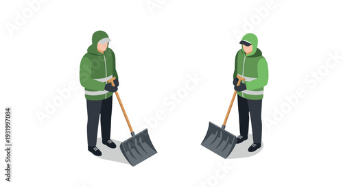 Isometric winter cleanup scene with two workers shoveling snow in green jackets