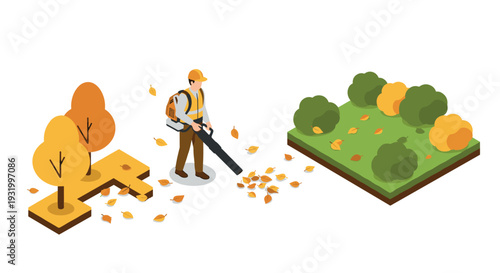 Autumn scene with worker using leaf blower in isometric park landscape