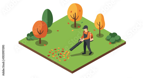 Isometric autumn scene with gardener using leaf blower in park