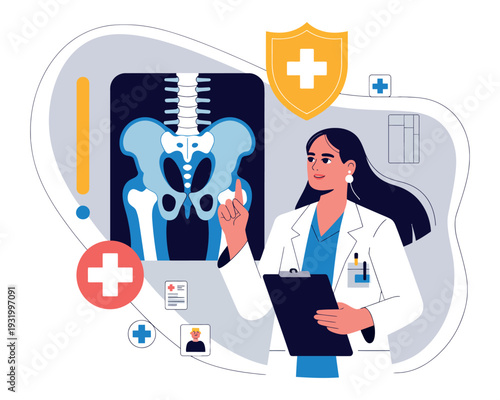 A female doctor analyzing a human spine x-ray in a modern medical office with various health symbols around her.
