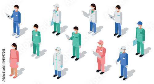 Isometric healthcare workers in uniforms and masks