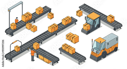 Automated warehouse logistics with conveyor belts and delivery vehicles in isometric style