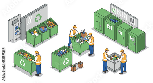 Isometric recycling: workers sorting waste for environmental sustainability in urban setting