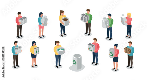 People recycling with containers in isometric style for environmental awareness