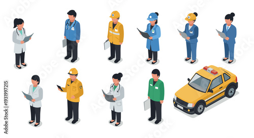 Diverse professions in isometric style: medical, construction, and office workers with vehicle