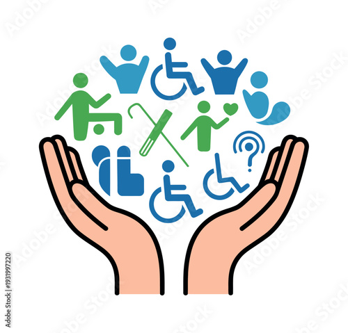 A graphic illustration of hands cradling various accessibility symbols for inclusivity and diversity