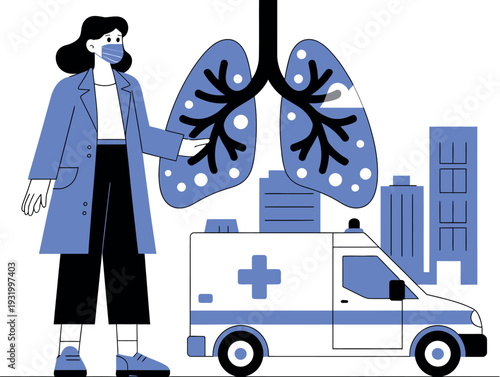 A female doctor wearing a face mask stands beside an ambulance with lungs in the background