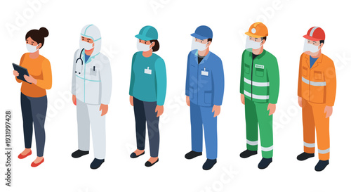 Diverse professions in protective gear isometric design