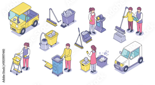Isometric cleaning service icons: modern tools and workers