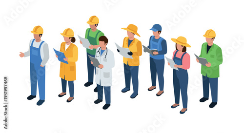 Isometric professionals group: engineers, doctors, and farmers standing together