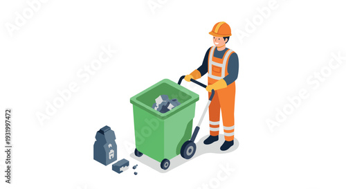 Worker in uniform collecting recycling waste with garbage bin in isometric design