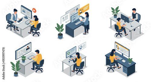 Modern office work isometric icons featuring remote collaboration and professional workspaces