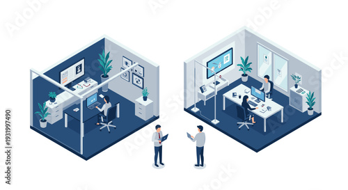 Modern office workspace in isometric style with professionals collaborating and working at desks
