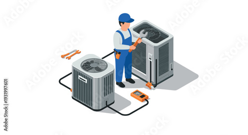 Technician repairing air conditioner units in isometric design for hvac services