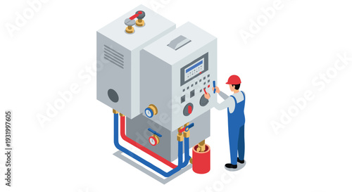 Technician operating modern boiler system in isometric design