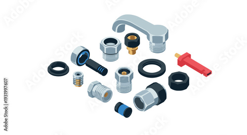 Comprehensive set of isometric plumbing fixtures and connectors for repair projects