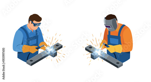 Isometric welding workers in protective gear with sparks in industrial setting