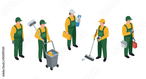 Isometric cleaning crew characters in uniform with equipment