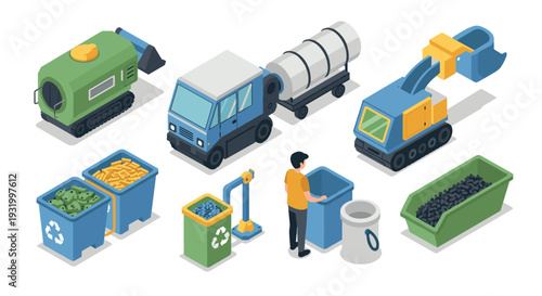 Isometric waste management: vehicles, bins, and recycling process