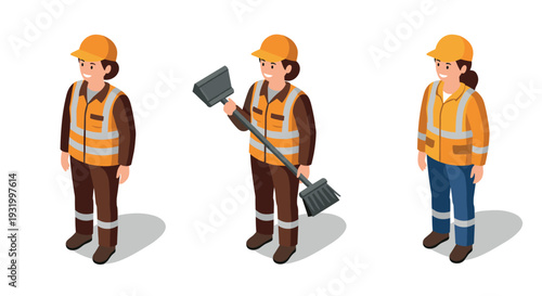 Isometric worker characters in safety gear with tools on white background