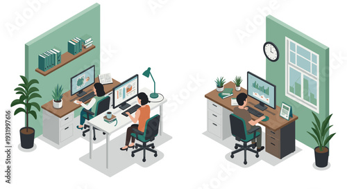 Isometric home office workspace design with plants and computers